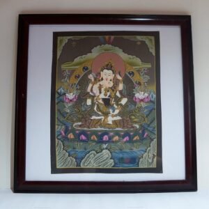 Cuadro artístico de deidad budista en marco de madera